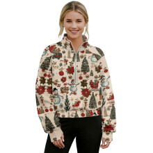 Women's Christmas Graphic Sweatshirt with Pocket, 1/2 Zip, Cropped, Snowman/Poinsettia Design – Polyester, Beige, Size 2XL