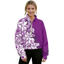 Women's Oversized Half-Zip Sweatshirt with Polynesian Hibiscus Print, Mock Neck Hoodie – Compatible with Outdoor & Office Wear