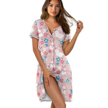 Women's Short Sleeve Pajama Dress, Soft Button-Down Nightgown, Knee-Length Sleepwear for Home – S, Easter Bunny & Egg Print, Pink