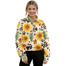 Women's Cropped 1/2-Zip Sweatshirt with Thumbholes, Mock Neck, Oversized Fit, Soft Hoodie – Sunflower Paw Leaf Print, Beige, XL