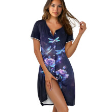 Women's Short Sleeve Nightgown – Above Knee Sleepshirt, Button Closure, Comfy House Dress, Dragonfly Rose Galaxy Blue Violet, L