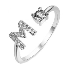 HIJONESWomen's Stainless Steel Round Zircon Capital Letter Stackable Ring Adjustable Alphabet Letter Pinky Ring Jewelry Gifts Silver M