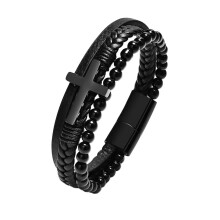 Men's Stainless Steel Cross CXHLn Black Onyx Leather Bracelet Hip-hop Jewelry Black
