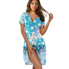 Women's Button-Down Nightgown, Soft Knee-Length Sleep Dress, Short Sleeve Housecoat, Blue Butterfly Star Rose Tie-Dye, XL, Compatible with All