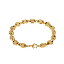 Unisex Stainless Steel Hip Hop Coffee Bean Oval Button Chain Necklace Charm Pig Nose Bracelets Biker Jewelry 9MM Gold 7.5IN