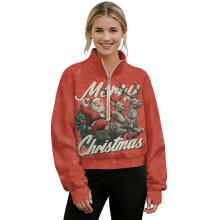 Women's Christmas Half-Zip Sweatshirt with Santa & Reindeer Graphic, Mock Neck Hoodie, Long Sleeve Top – Red, 2XL, Compatible with Holiday Outfits