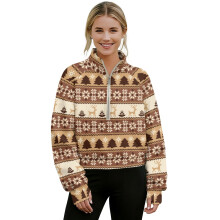 Women's Half-Zip Cropped Sweatshirt, Loose Fit Hoodie with Thumb Holes, Tribal Deer/Flower Design, Brown/Beige, Fall/Winter Streetwear – 2XL