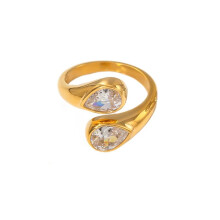Women's Stainless Steel Drop Cubic Zirconia Ring Simple Opening Wedding Promise Jewelry Gold