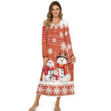 Women's Full-Length Christmas Nightgown, Soft Cozy Sleepshirt w/ Chest Buttons, Long Sleeve, 3XL, Snowman/Snowflake/Musical Note Red