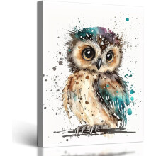 Owl Wall Art Canvas Painting, Watercolor Animal Print Decor for Bedroom, Living Room, Kitchen, Bathroom, Nursery, Office – 12x16in Framed Splash-Ink