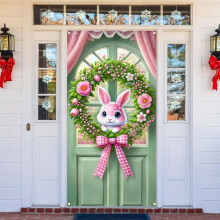 Easter Door Curtain with Hanging Rope, 180x90cm Polyester Fabric Party Background Banner for Wall and Holiday Decor
