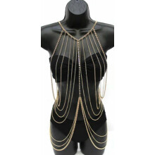 Women Bra Waist Belly Crossover Body Chain Harness Tassel Necklace Body Jewelry-Gold