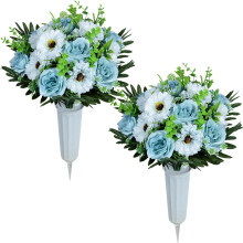 Kunstige kirkegårdsblomstersæt med vase – udendørs gravdekoration, rose og gerbera, kompatibel med standard gravsten