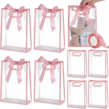 1set 15pcs Rectangle Transparent Folding Plastic Gift Bags with Hole Handles with 1 Roll Satin Ribbons Pink 26x18x8cm