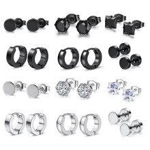 6 par øreringe sæt sort rustfrit stål huggie hoop stud punk ørepiercing-sølv