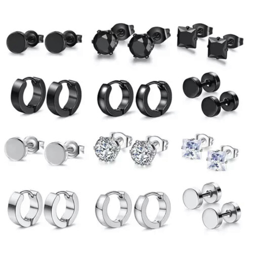 6 par øreringe sæt sort rustfrit stål huggie hoop stud punk ørepiercing-sølv