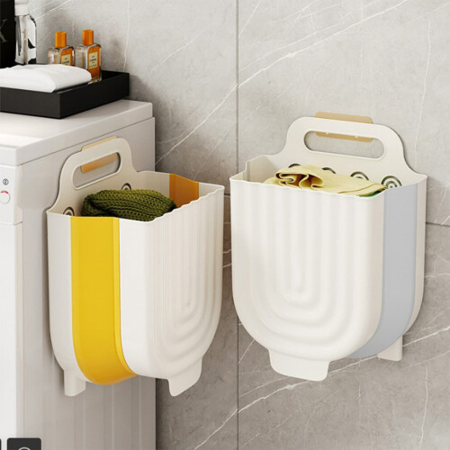 Wall-Mounted Foldable Laundry Basket – Large Capacity, Ventilated, Elevated Base, Slim Space-Saving Design, Gray/Yellow, Compatible with Standard