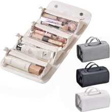 4-in-1 Travel Toiletry Bag with 4 Detachable Clear Compartments, Hanging Leather Makeup Organizer, Roll-Up & Foldable, Easy-Clean, 9.45"x5.51"x4.72"