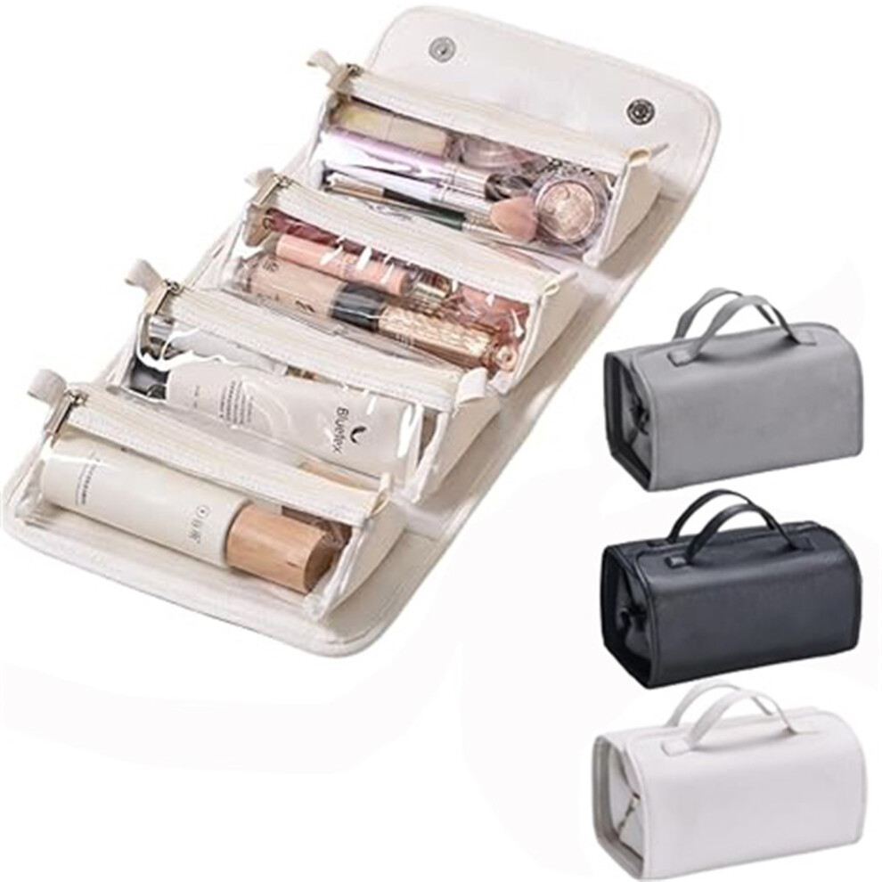 4-in-1 Travel Toiletry Bag with 4 Detachable Clear Compartments, Hanging Leather Makeup Organizer, Roll-Up & Foldable, Easy-Clean, 9.45"x5.51"x4.72"