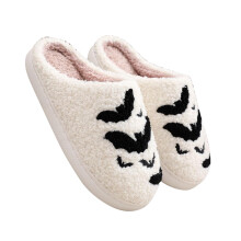 Fleece Lined Baotou Couple Slippers With Halloween Bat Embroidery Print Plush Flock Upper Warm Sole For Indoor Home Use Us Size 4.5