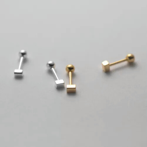 Solid Sterling 925 Silver Cube Stud Earrings Screw Backs-Gold