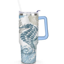 Gobelet isotherme Hippocampe de 1,2 L avec anse et couvercle à paille rabattable – Tasse en acier inoxydable étanche et isolée sous vide –