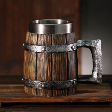 Chopine à bière pirate en acier inoxydable 600 ml, motif tonneau en bois