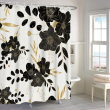 Perdea de duș neagră cu model floral și frunze aurii, 183x183 cm, include cârlige – compatibilă cu barele de duș standard