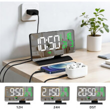 Digital Clock,Alarm Clock Bedside,7.3'' Large LED Mirror with Date Display,Temperature,Dual Alarm,Brightnee Adjust,DST