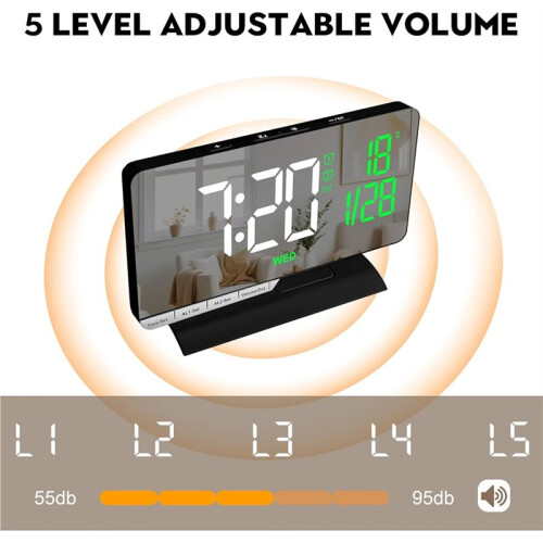 Digital Clock,Alarm Clock Bedside,7.3'' Large LED Mirror with Date Display,Temperature,Dual Alarm,Brightnee Adjust,DST 2