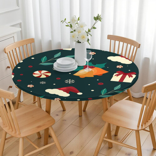 Toalha de mesa redonda de Natal de 44 polegadas com bainha elástica – Compatível com mesas padrão 2