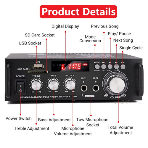 Δέκτης ήχου Bluetooth 5.0 300W+300W 2 καναλιών με USB/SD/FM, 12V/110V, μαύρο – συμβατός με τυπικά 1