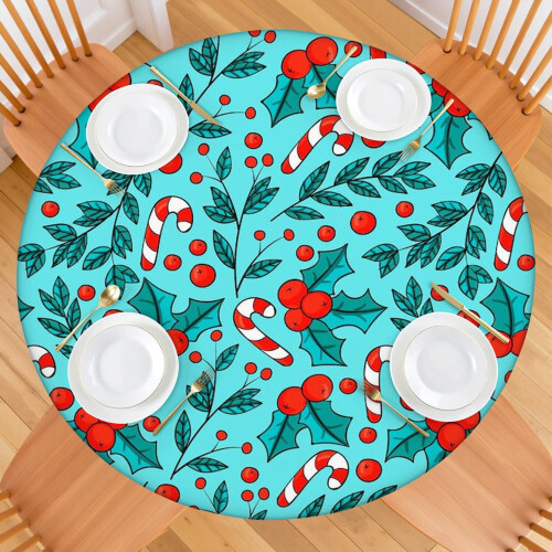 Toalha de mesa redonda de 52 polegadas com estampa de renas e trenó, com bainha elástica, perfeita para a decoração da sua mesa de Natal. 1