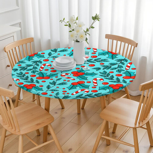Toalha de mesa redonda de 52 polegadas com estampa de renas e trenó, com bainha elástica, perfeita para a decoração da sua mesa de Natal. 2