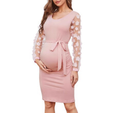 Women's Maternity Dress Mesh Long Sleeve Ruched-Pink M