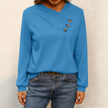 zhi Women's Casual V-Neck Long Sleeve Button-Decorated Sweatshirt Top—Blue·S