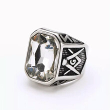Bague maçonnique AG personnalisée pour homme en acier inoxydable avec grosse pierre précieuse, tailles 7-13-10, argent et blanc.