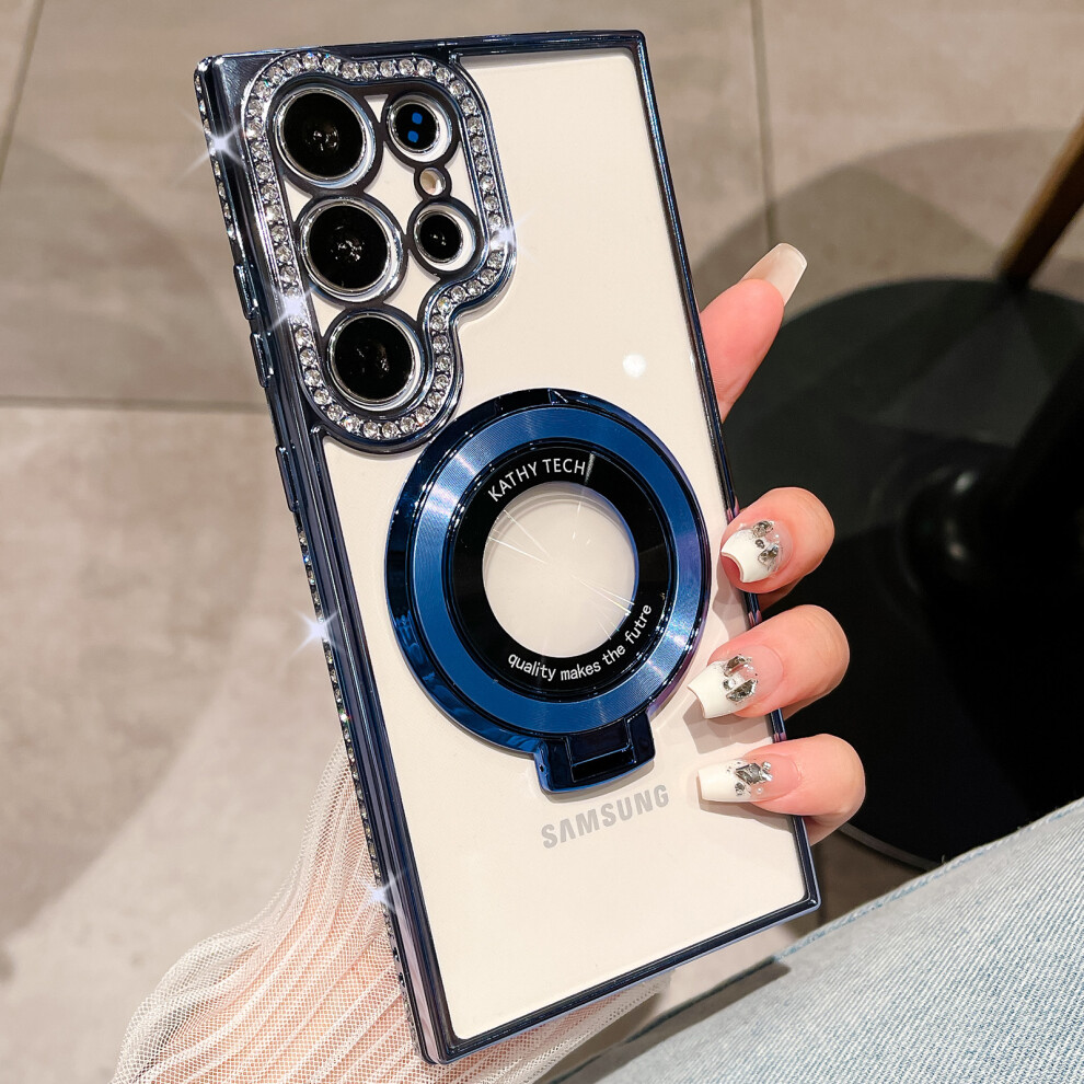 Samsung Galaxy S24 Ultra Magnetic Case With Invisible Stand, Magsafe Compatible, Luxury Bling Rhinestone Clear Cover Â Blue 9448483037976