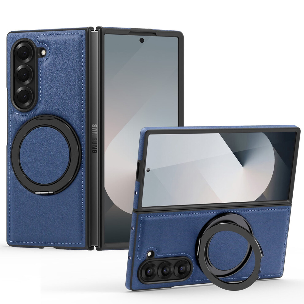 Compatible With Samsung Galaxy Z Fold 7 Stand Case Â Slim Shockproof Pu Leather Cover With Rotating Magnetic Ring, Blue 9448483038607