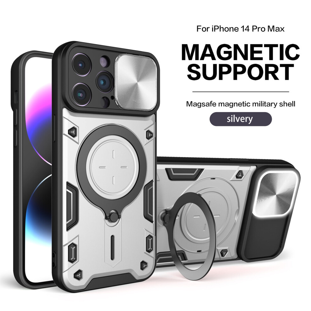 Hybrid Magnetic Rugged Case With Rotating Stand Ring For Compatible With Iphone 14 Pro Max Â Silver 9448483038638