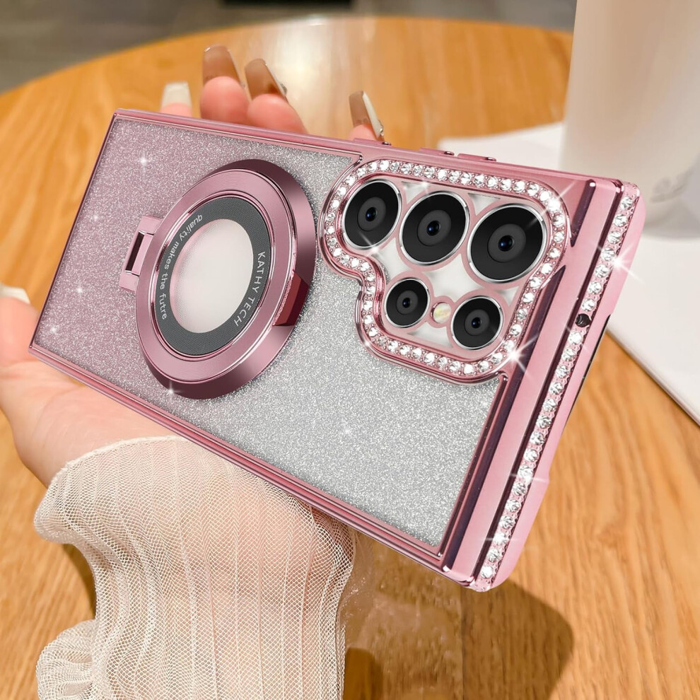 Luxury Bling Rhinestone Magnetic Case For Samsung Galaxy S24 Ultra—Compatible With Magsafe, Invisible Stand, Glitter Pink 9448483039871