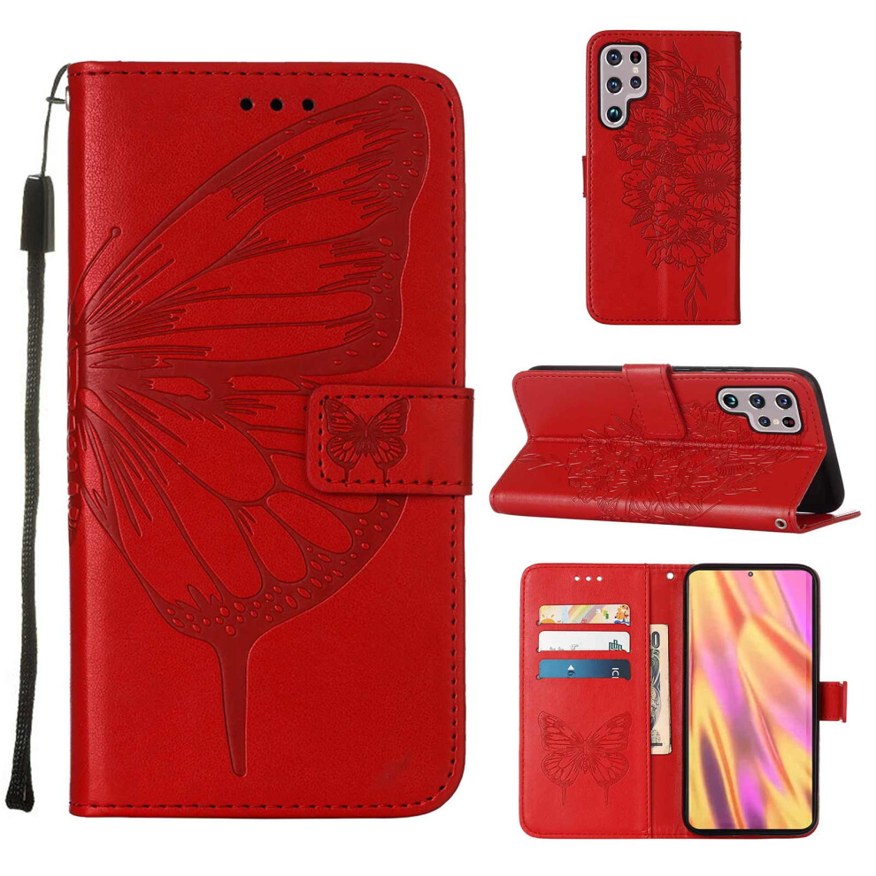 Magnetic Pu Leather Wallet Case For Samsung Galaxy S23 Ultra Â Butterfly Embossed, Wrist Strap, Card Slots, Kickstand Red 9448483040297