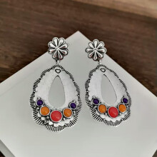 Women 925 Silver Ear Hook Boho Drop Dangle Earrings Multi-Color Gemstone Jewelry-Round-#11