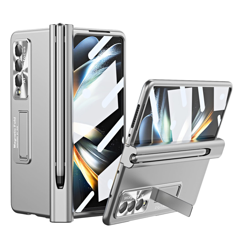 Rugged Case For Samsung Galaxy Z Fold 4: Kickstand, S Pen Holder, Screen Protector, Hinge Protection, Shockproof, Silver 9448483041348