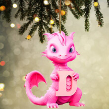 Pink Dinosaur Christmas Ornament with 26 Letters, Acrylic Flat Dino Pendant for Tree, Party & DIY Crafts – Compatible with Xmas Decor