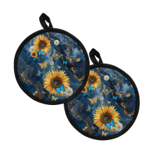 2-Pack Breathable Cotton-Like Potholders, Heat Resistant, 8" Round, Sunflower/Daisy/Butterfly Design, Deep Blue Marble – Compatible with Standard