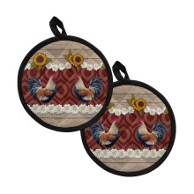 2-Pc Pot Holders & Oven Mitts 2-in-1, Insulated Pocket, Soft Cotton Lining, Machine Washable, Floral/Wood Grain Design
