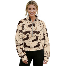Women's Quarter Zip Cropped Sweatshirt with Pocket & Thumbholes, Compatible with Dachshund Puppy Coffee Bean Paw Beige, 2XL