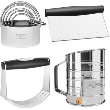 3-in-1 Stainless Steel Baking Tools Set: 5 Biscuit Cutters, Dough Blender & Pastry Scraper with Non-Slip Grip, Measurement Marks & Gift Packaging