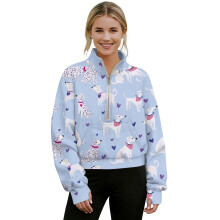 Women's Cropped Pullover with Kangaroo Pocket, Thumbholes & Half Zip – Cozy Crop Sweatshirt for Workout/Casual/Office, Dalmatian Heart Print, Blue
